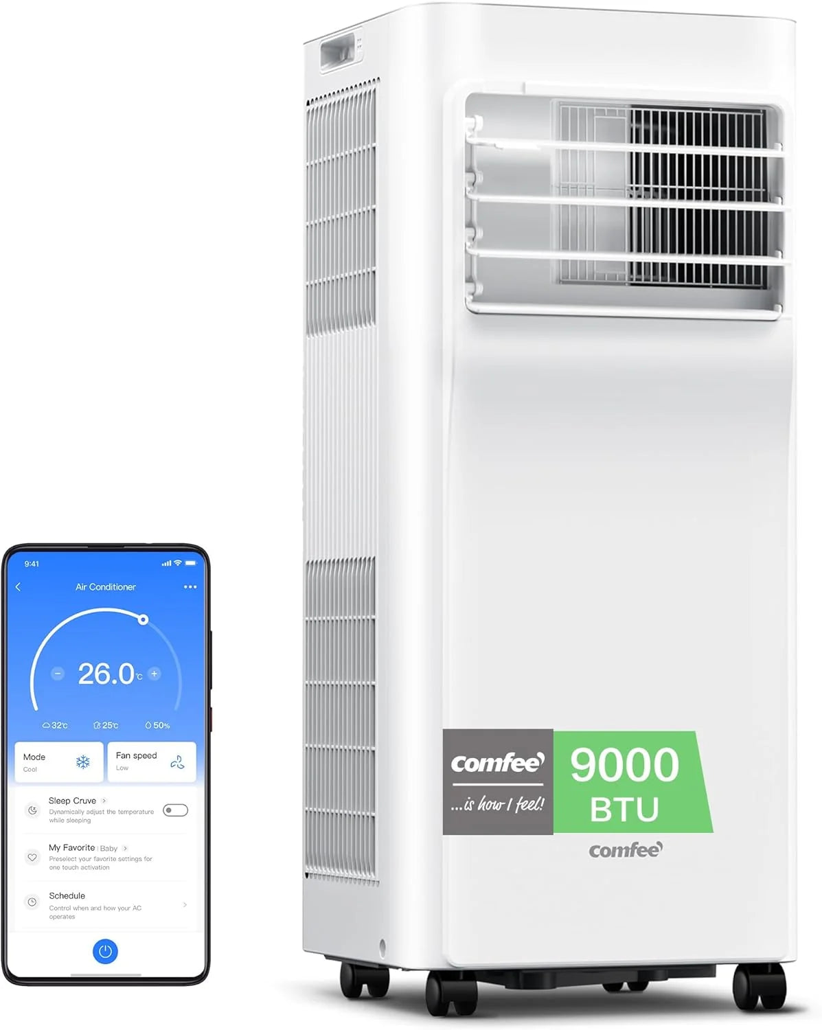Klimatyzator przenośny COMFEE Pingüino 9000 BTU/2300 Frigorías Breezy Cool Pro – bez jednostki zewnętrznej, niskie zużycie energii, sterowanie przez aplikację i zestaw okienny – chłodzenie, wentylacja i osuszanie