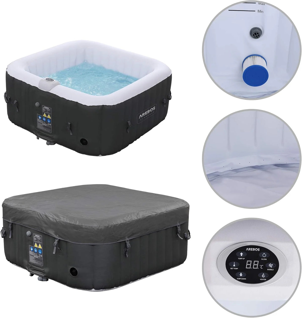 Arebos Dmuchane Jacuzzi SPA | Nadmuchiwane | Kwadratowe | Do Użytku Wewnętrznego i Zewnętrznego | 154x154cm | 4 Osoby | 130 Dysz Masujących | 600 L