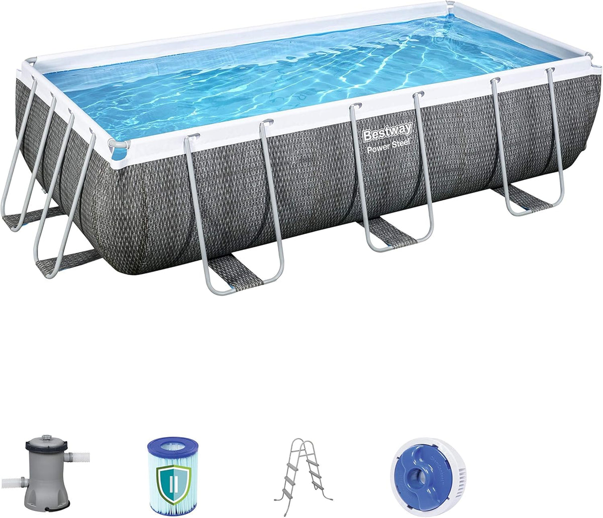 Bestway 56721 - Basen stelażowy Power Steel z wzorem rattanu 404x201x100 cm, pompa kartuszowa 2006 l/h, z drabinką