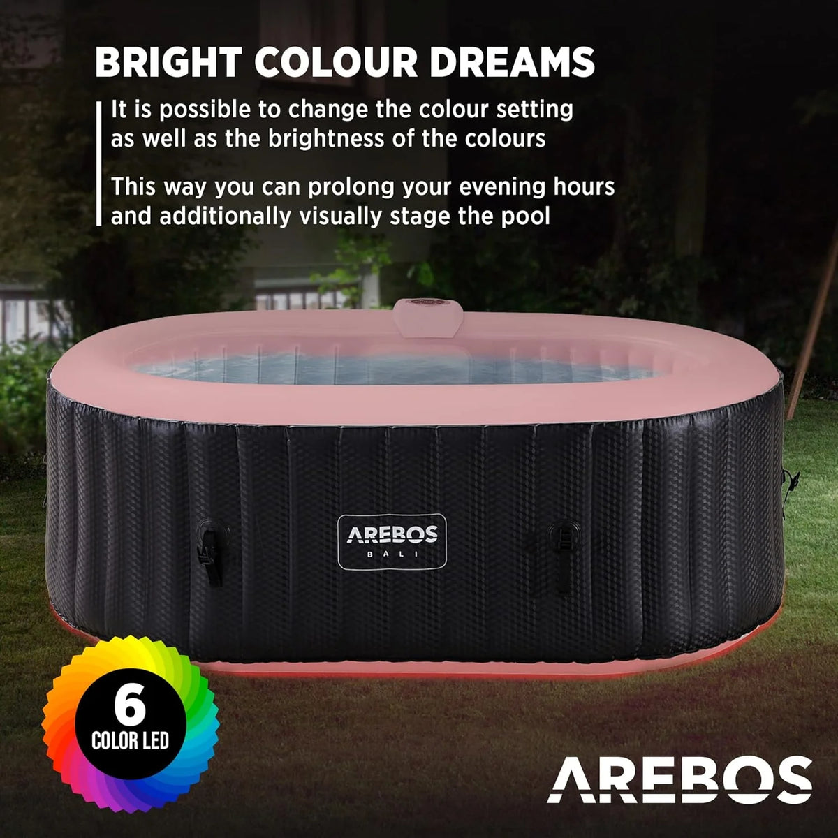 Arebos Wanna z hydromasażem z oświetleniem LED | Dmuchane SPA | Do użytku wewnętrznego i zewnętrznego | 190x120 cm owalna | 2 osoby | 90 dysz masujących | Z ogrzewaniem | 550 litrów | W zestawie pokrywa