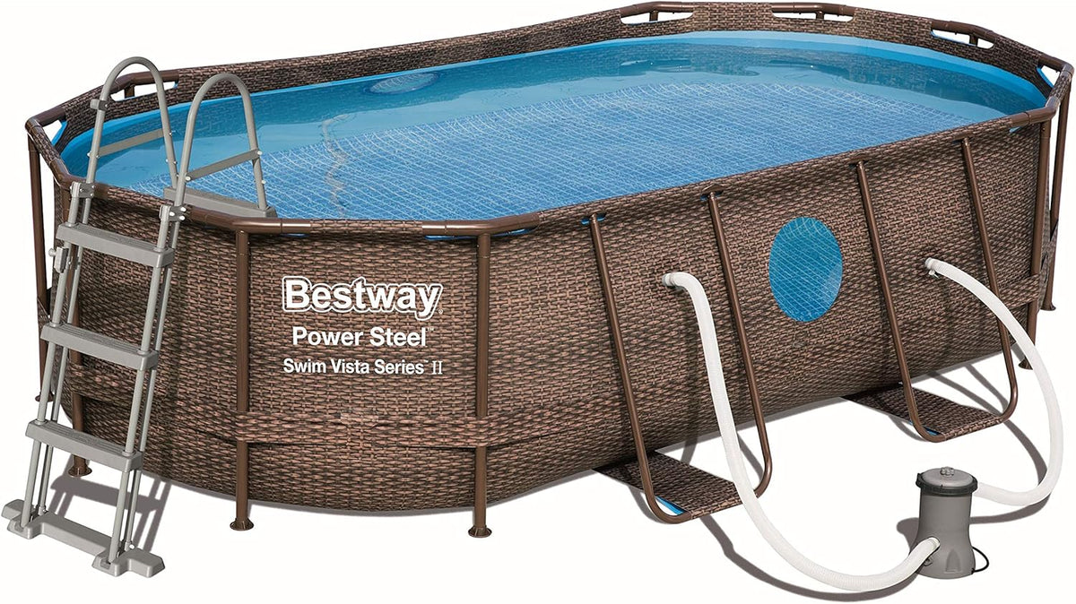 BESTWAY - Basen Stelażowy Owalny Power Steel 427x250x100 cm Pompa Kartuszowa 2006 l/h Drabinka i Pokrywa Rattan Design